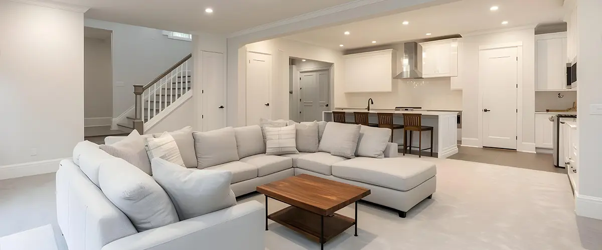 Basement remodel with modern open-concept living room and kitchen