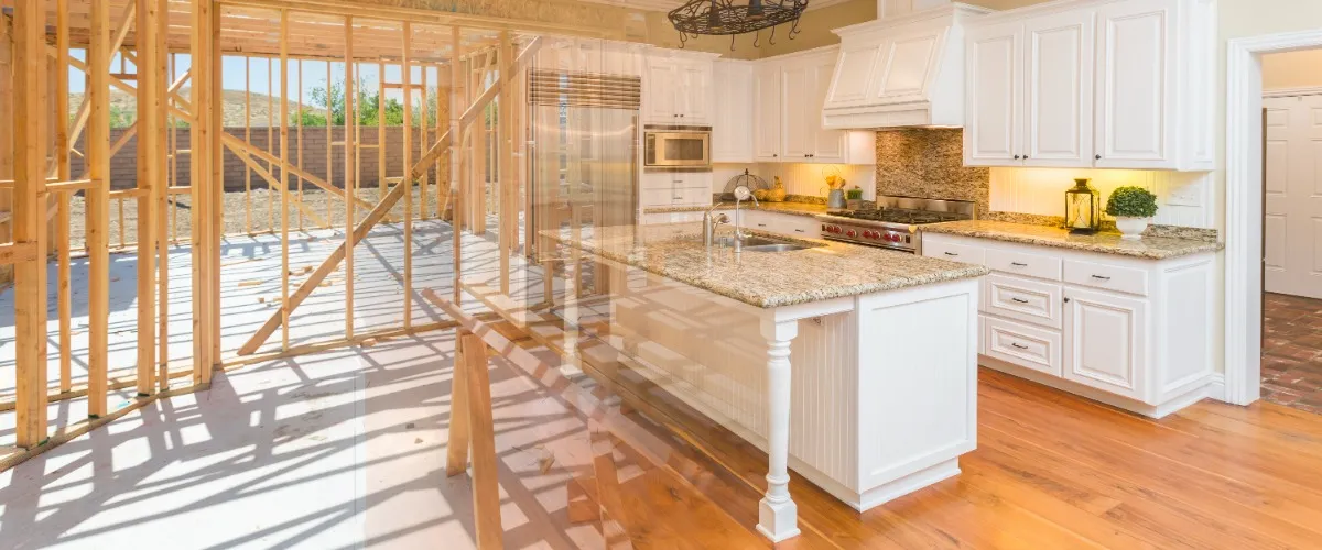 A kitchen featuring a wooden frame and numerous cabinets, showcasing a warm and inviting design.