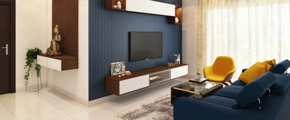 Modern living room featuring blue and yellow accents, with stylish furniture and bright, inviting decor.