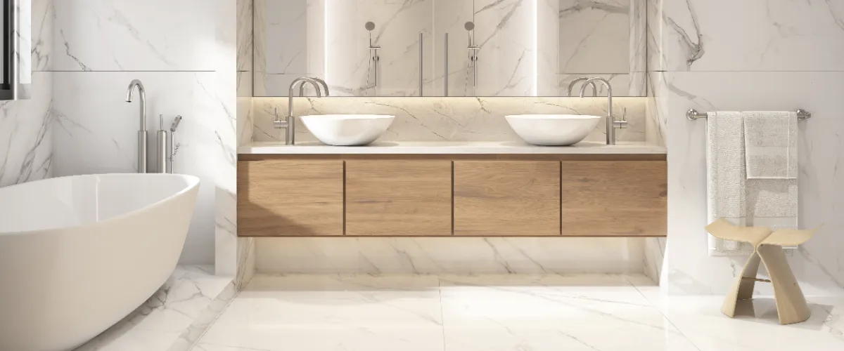 a modern bathroom design featuring a double vanity and a freestanding bathtub, characterized by a luxurious aesthetic