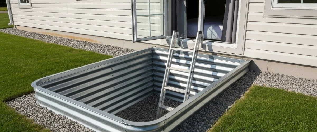 Large rectangular metal well with an aluminum ladder leading up to double glass basement doors.