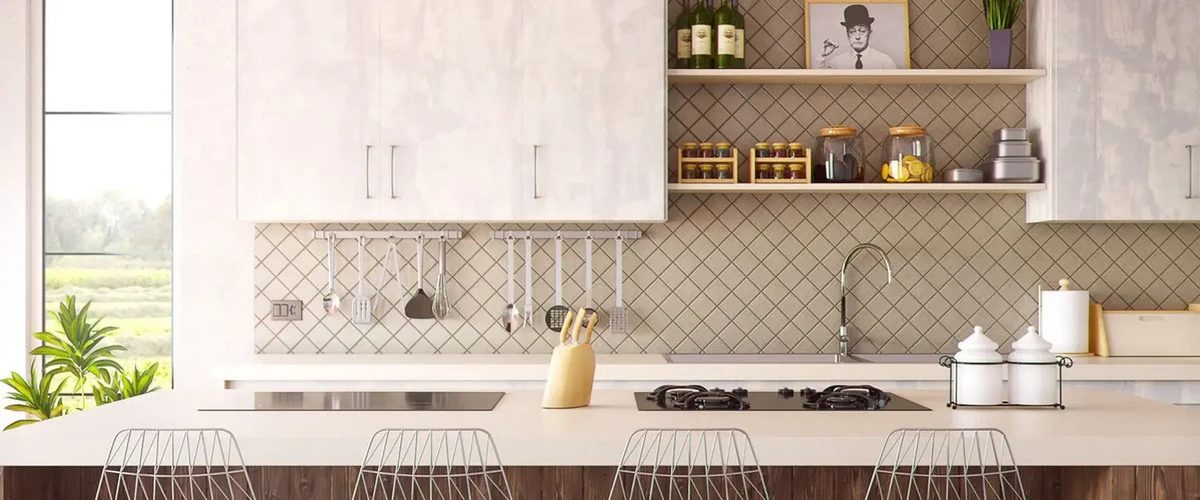 Close up of a minimalist kitchen counter showing a diamond-patterned tile backsplash, wooden open shelving with spice jars, and integrated stovetop burners.