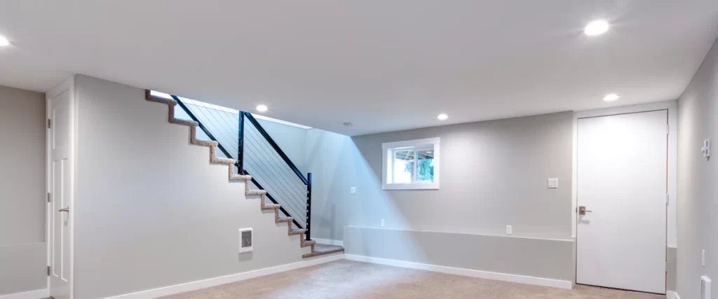 An overview of a finished basement showing effective placement of various lighting sources to eliminate shadows.