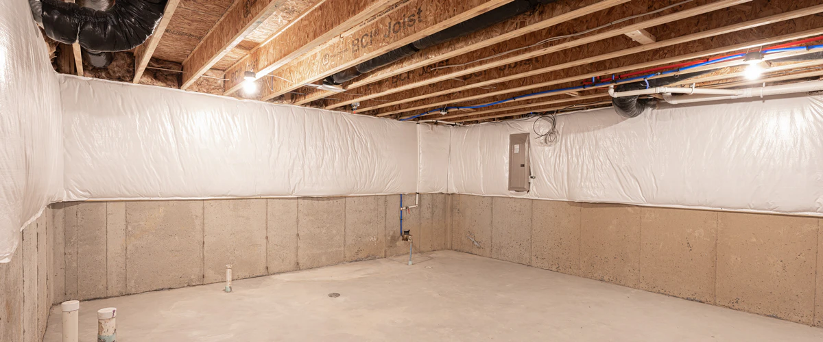 Workers installing a modern interior perimeter drainage system to ensure a dry basement.