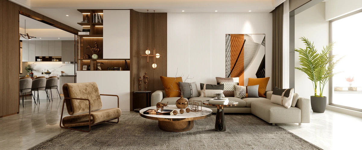 A luxury modern home interior showcasing an open-concept living area with wood-paneled walls, marble coffee tables, and a large indoor plant near a high-end kitchen.