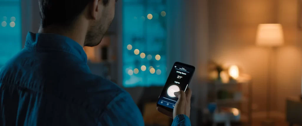 A modern living room featuring a smart lighting system controlled by a wall-mounted tablet interface.