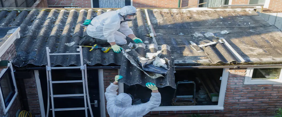 Two professionals in protective gear coordinating the removal of a corrugated asbestos sheet, passing it carefully through a roof opening.