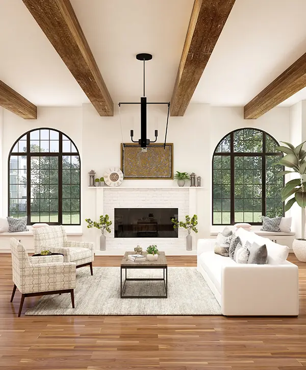 Modern living room with exposed wood beams, fireplace, and luxury farmhouse interior design