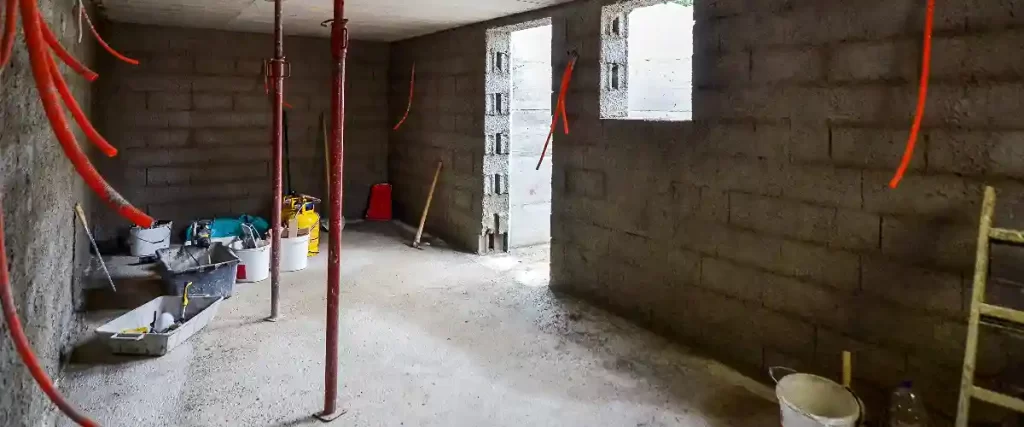 A construction-phase view inside an unfinished basement with concrete block walls, featuring red flexible conduit, steel support beams, and various tools, showing the environment where effective basement waterproofing is installed.