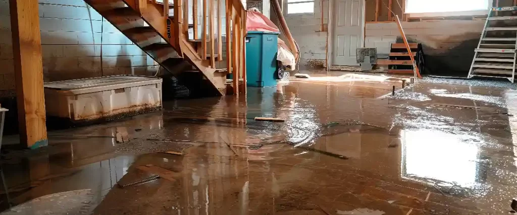 A wide-angle interior view of a significantly flooded basement in a construction phase, showing standing water reflecting light from windows, construction debris, wooden stairs, and a blue trash bin.