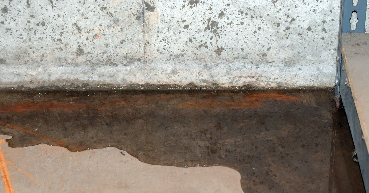 A detailed close-up shot showing muddy, rust-stained water seeping from a cracked foundation seam and pooling on a concrete basement floor, illustrating common issues leading to basement floods.